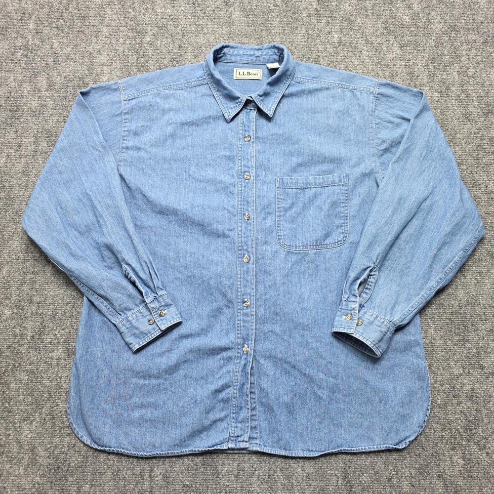 LL Bean Women's Large Denim Button Down Shirt Blue Cotton Long Sleeve P846 - Picture 2 of 11